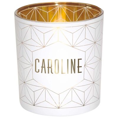 Photophore prénom Caroline en verre blanc et or