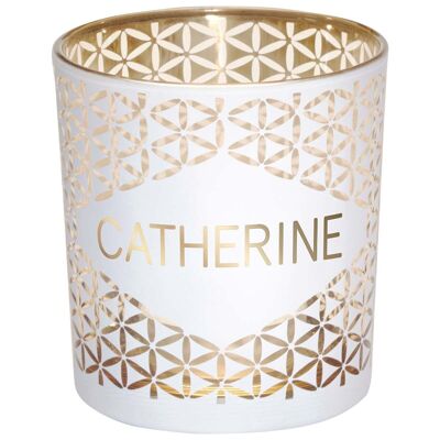 Catherine first name tealight holder in white and gold glass
