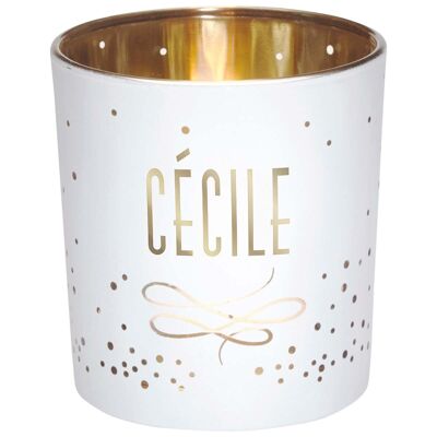 Cécile first name tealight holder in white and gold glass