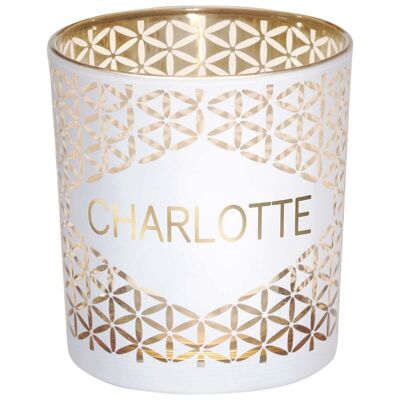 Charlotte first name tealight holder in white and gold glass