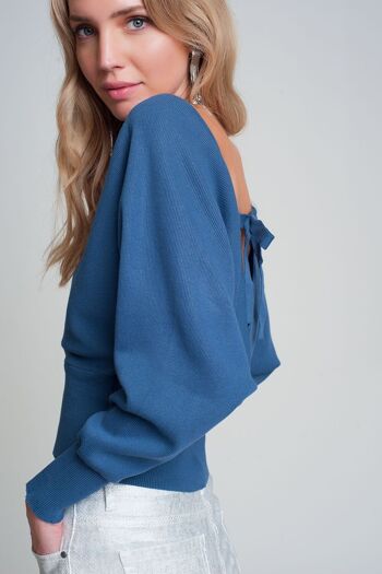 Pull en maille avec col en V enveloppé en bleu 6