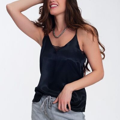 Satin Cami Top mit Spitzeneinsatz in Schwarz