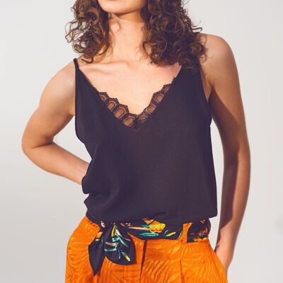 Lace trim satin cami top in black