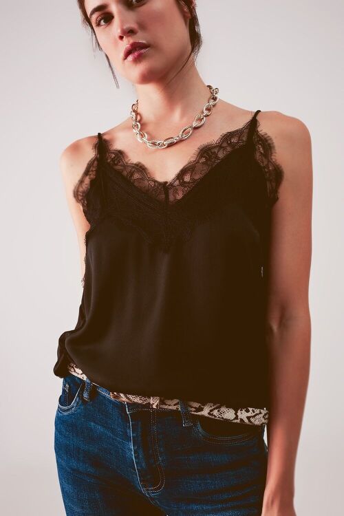 Lace trim slip top in black