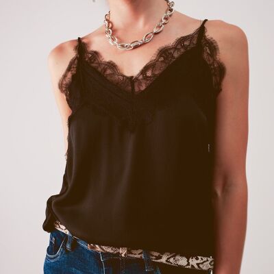 Lace trim slip top in black