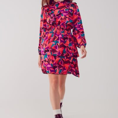 Mini abito con volant a strati in fucsia floreale