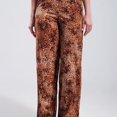 Pantalon large à imprimé léopard en marron