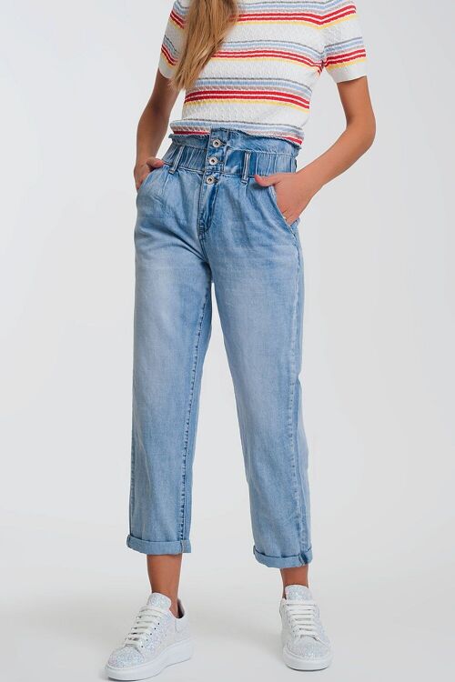 Light denim straight jeans with big waistband detail