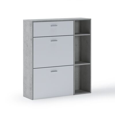 Skraut Home - WIND shoe rack, CEMENT structure color, Matte White color on the 2 tilting doors and the drawer, measurements 90x26x101.5cm high.