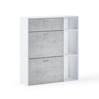 Skraut Home - WIND shoe rack, MATTE WHITE structure color, CEMENT color on the 2 tilting doors and the drawer, measurements 90x26x101.5cm high.