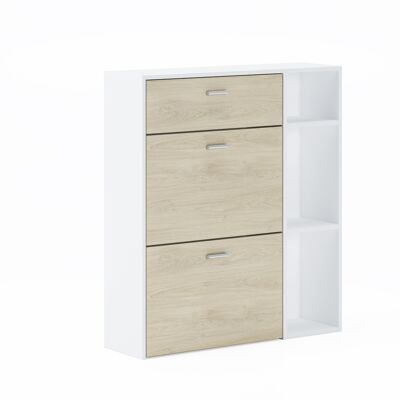 Skraut Home - WIND Schuhregal, weiße Strukturfarbe, Puccini-Farbe auf den 2 Kipptüren und der Schublade, Maße 90x26x101.5cm hoch.