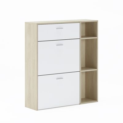 Skraut Home - WIND shoe rack, Puccini structure color, White color on the 2 tilting doors and the drawer, measurements 90x26x101.5cm high.