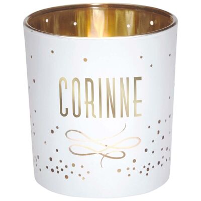 Portacandela con nome Corinne in vetro bianco e oro