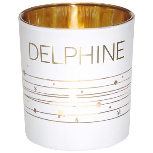 Photophore prénom Delphine en verre blanc et or