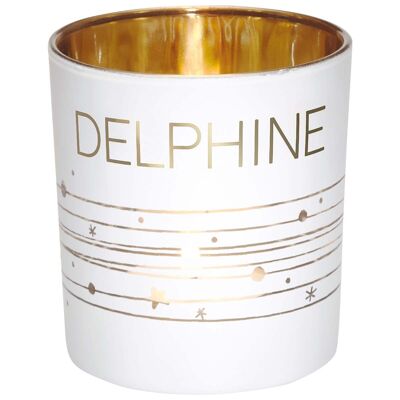 Portacandele con nome Delphine in vetro bianco e oro