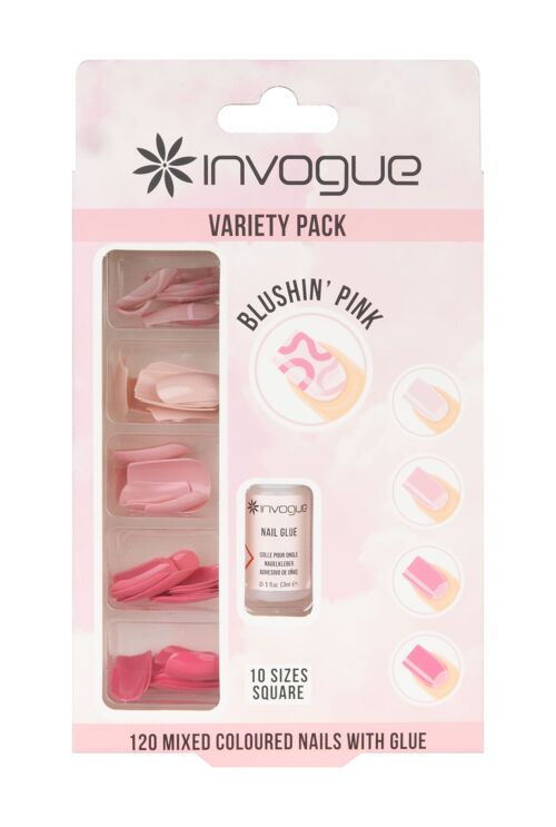 Invogue Blushin Pink Square Nails - Variety Pack (120 Pieces)