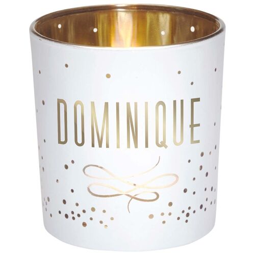 Photophore prénom Dominique en verre blanc et or