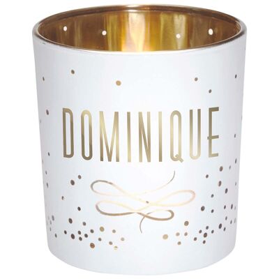 Teelichthalter mit Vornamen Dominique aus weißem und goldenem Glas
