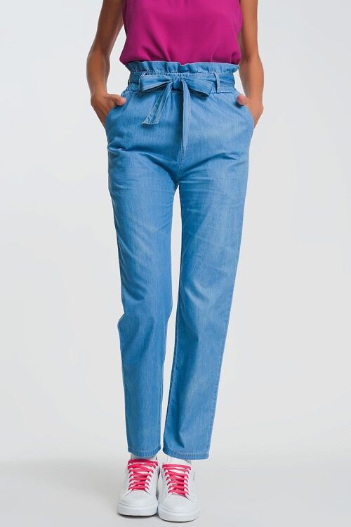 Lightweight Paperbag tie waist jean in light blue