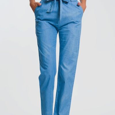 Jeans leggeri con allacciatura in vita Paperbag in azzurro