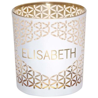 Elisabeth first name tealight holder in white and gold glass