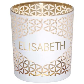 Photophore prénom Elisabeth en verre blanc et or 1