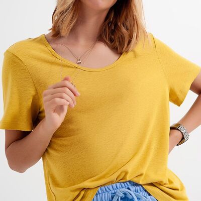 Linen mix scoop front t-shirt in Yellow