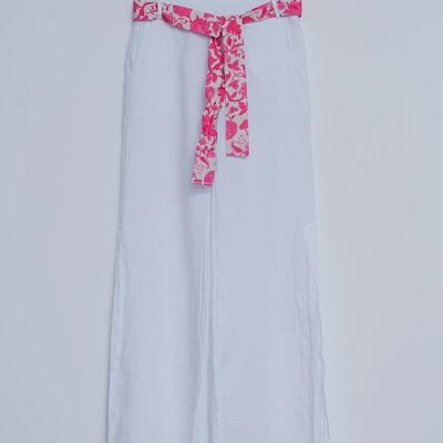 Pantalón ancho de lino con aberturas laterales en blanco
