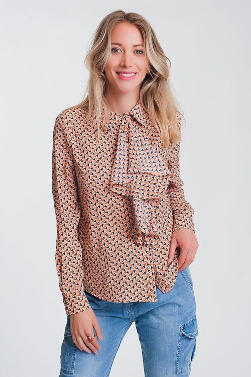 Long sleeve blouse with ruffle detail in beige