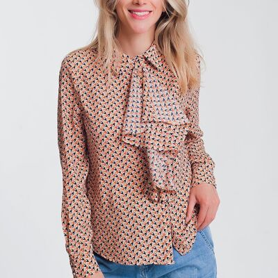 Long sleeve blouse with ruffle detail in beige