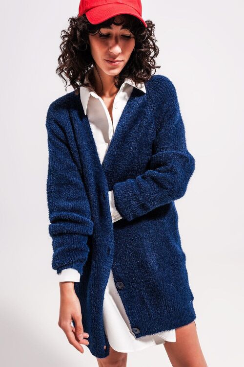 Long sleeve button up knitted cardigan in navy