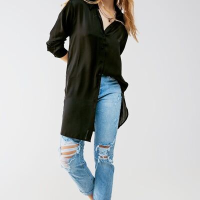 Long sleeve satin button front shirt in black