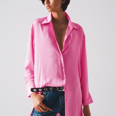Long sleeve satin button front shirt in pink
