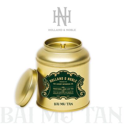 Holland & Noble - Thé à la pivoine blanche - Thé blanc - Premium Bai Mu Dan Chá - 白牡丹茶 - Pai Mu Tan - 100 grammes de thé en vrac dans un emballage en étain de luxe