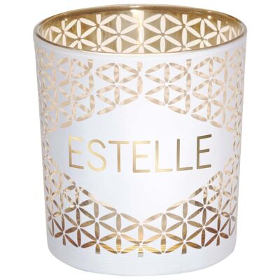 Photophore prénom Estelle en verre blanc et or