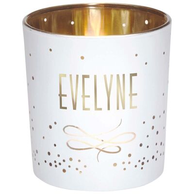 Evelyne first name tealight holder in white and gold glass