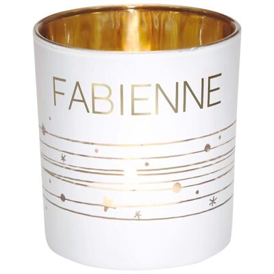 Fabienne first name tealight holder in white and gold glass