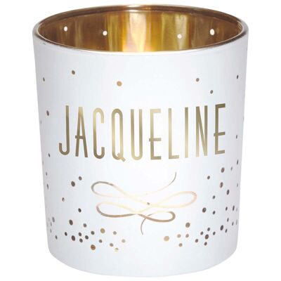 Photophore prénom Jacqueline en verre blanc et or