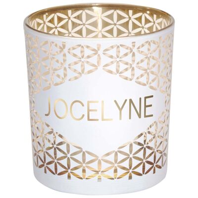 Portavelas con el nombre de Jocelyne en cristal blanco y dorado