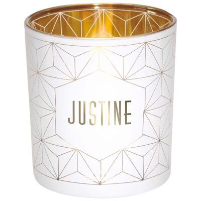 Teelichthalter mit Vornamen Justine aus weißem und goldenem Glas