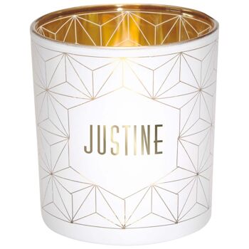 Photophore prénom Justine en verre blanc et or 1