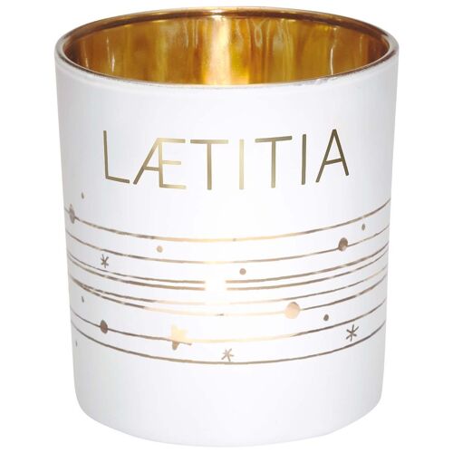 Photophore prénom Laetitia en verre blanc et or