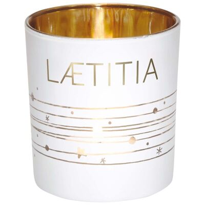 Portacandela con nome Laetitia in vetro bianco e oro