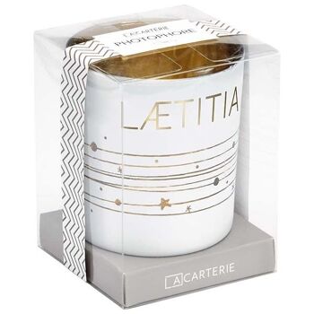Photophore prénom Laetitia en verre blanc et or 3