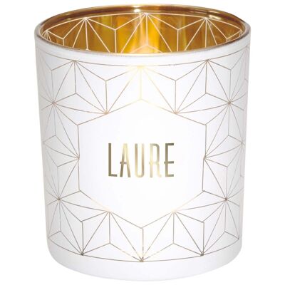 Photophore prénom Laure en verre blanc et or