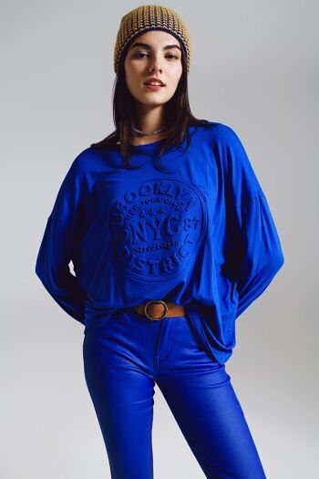 T-shirt à manches longues avec imprimé New York en bleu 1