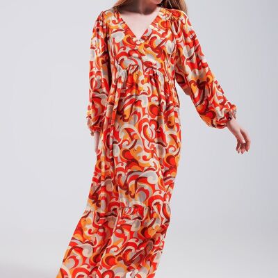 Orangefarbenes Kleid mit V-Ausschnitt und Viskose-Print