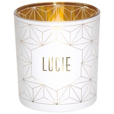 Kerzenhalter Vorname Lucie aus weißem und goldenem Glas
