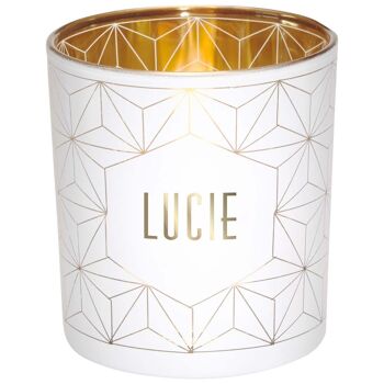 Photophore prénom Lucie en verre blanc et or 1