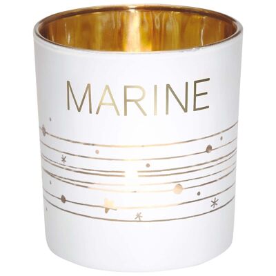 Marine first name tealight holder in white and gold glass